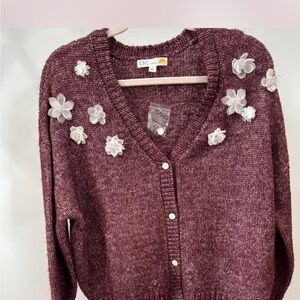 NWT C&C California Maroon button down Sweater with White Flower Accents large